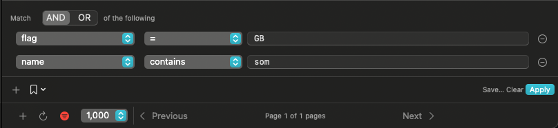 FathomSQL filter builder with AND/OR conditions
